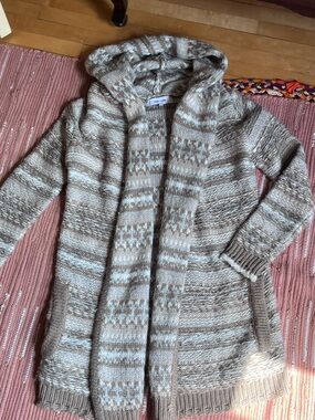 Open-Front Hooded Sweater Cardigan - Beige & Cream
